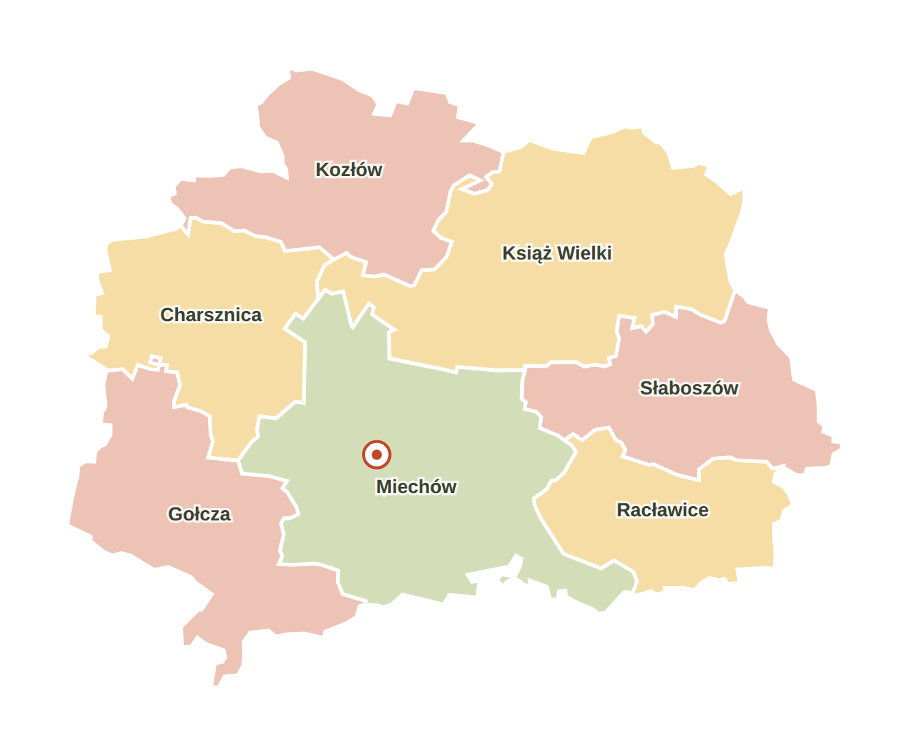 Mapa powiatu miechowskiego z podziałem na gminy